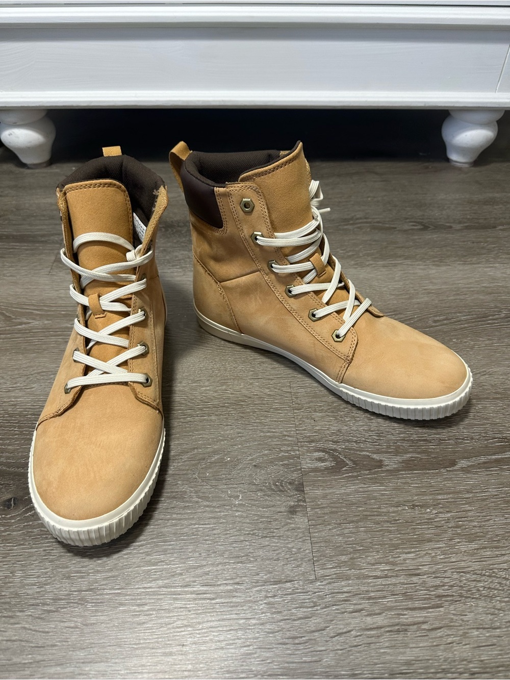 Timberland Tan Lace-Up High Top Boots with White Soles